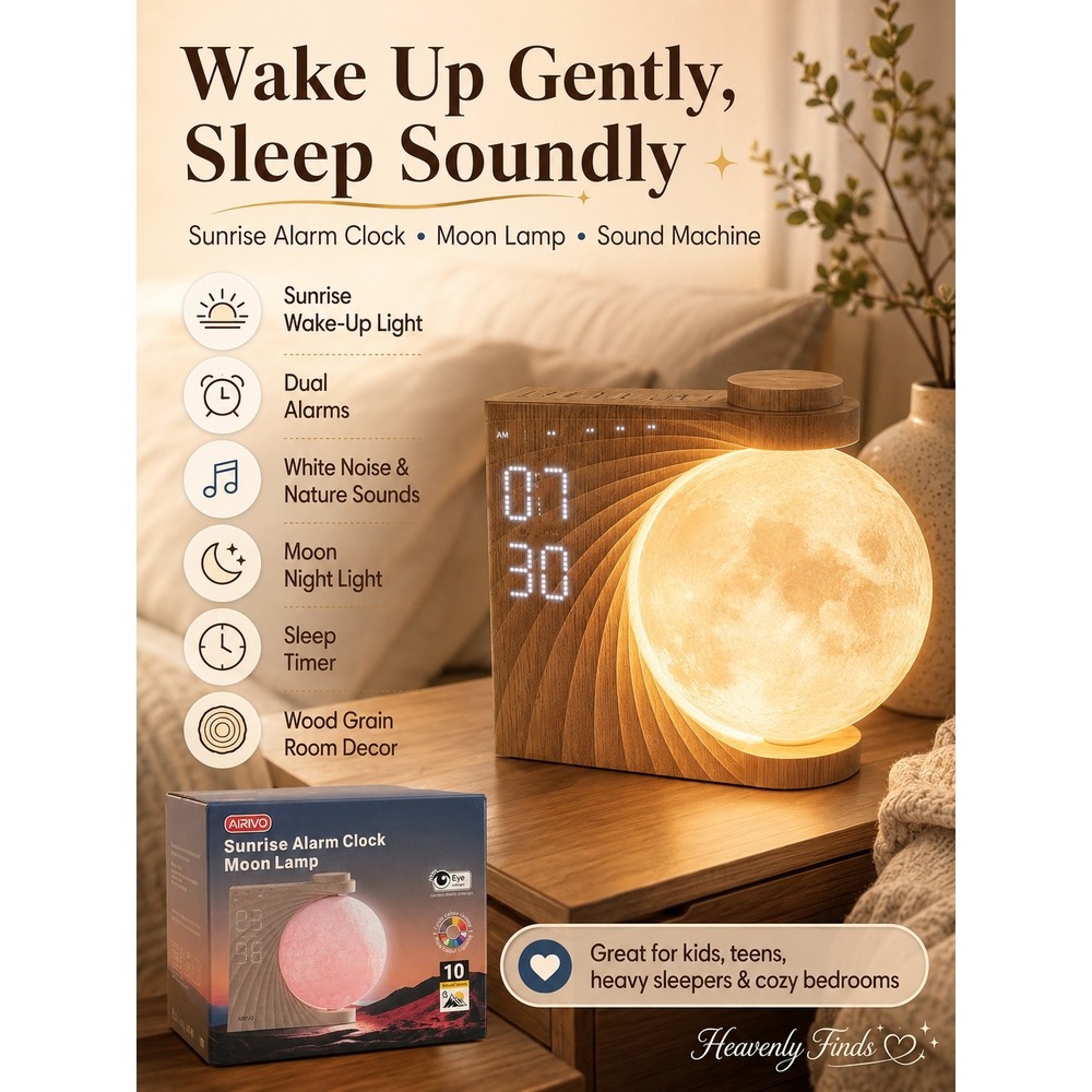 AIRIVO Sunrise Alarm Clock Moon Lamp Wood Grain Sound Machine New